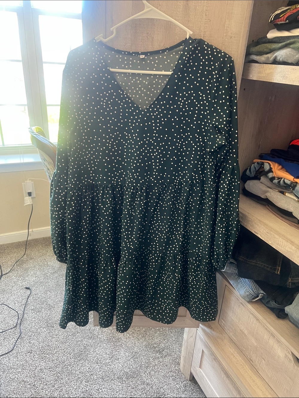 Amazon Dark Green Polka Dot V-Neck Tiered Dress